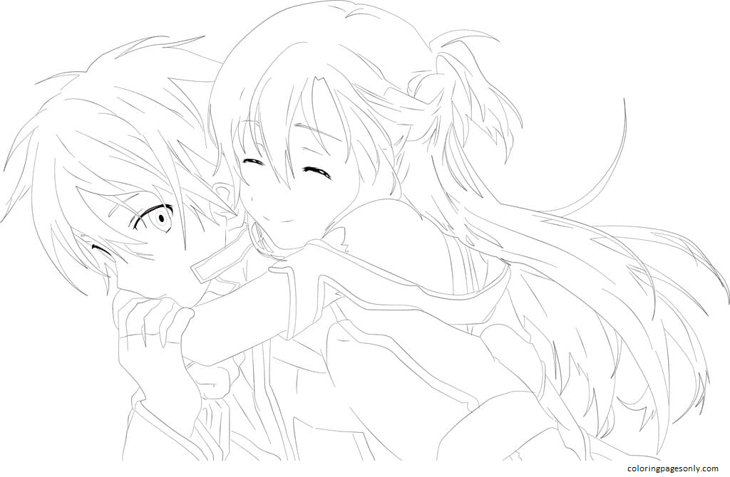 Asuna hugs Kirito Coloring Page