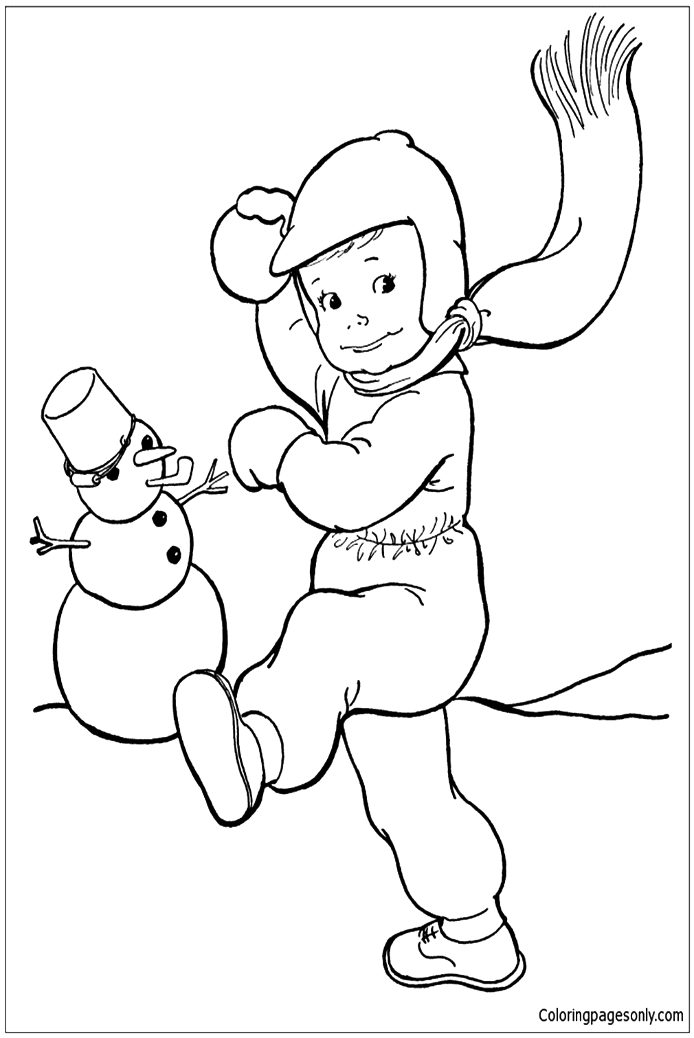 Baby Building Snowman In The Winter Coloring Pages