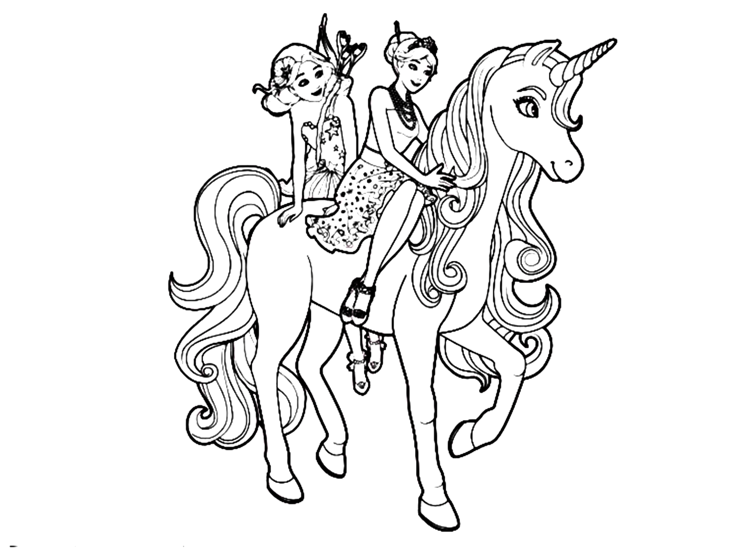 Barbie And Her Sister With Their Unicorn Horse Coloring Pages