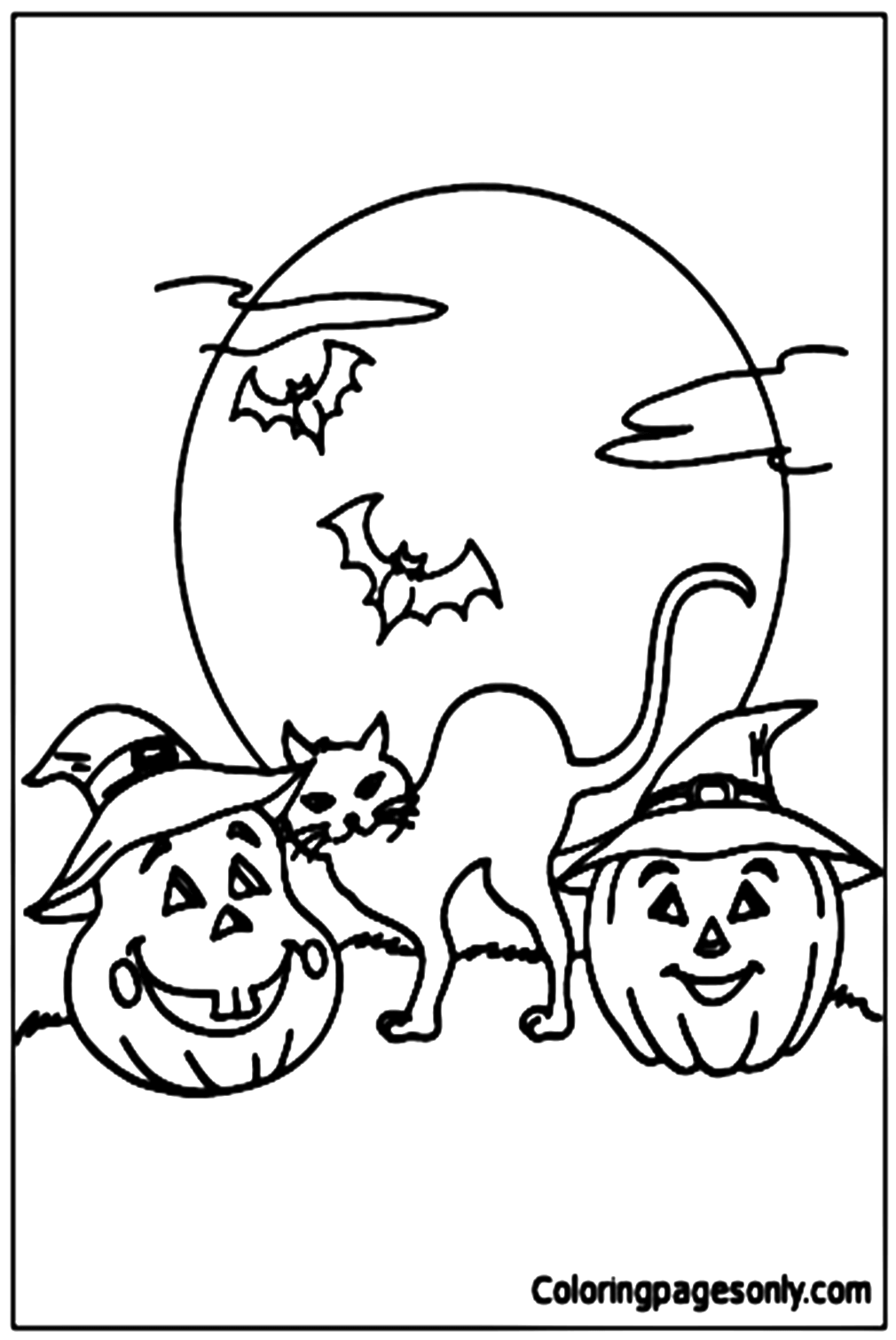 Bats, Black Cat And Pumpkin Coloring Page