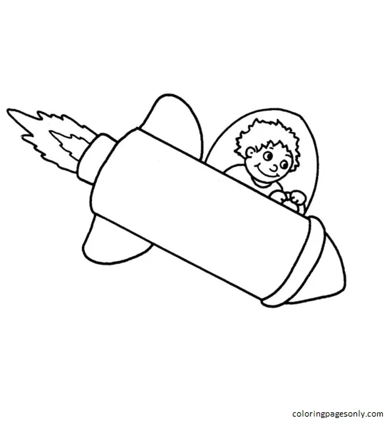 Junge fliegt eine Weltraumrakete von Rocket