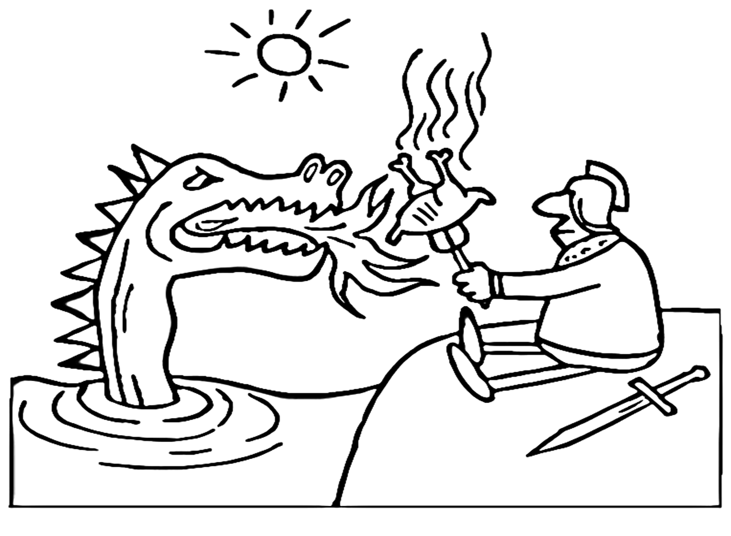 Brave Knight Grills The Chicken On Dragon Fire Coloring Page
