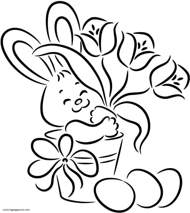 Bunny and Flowers Coloring Page