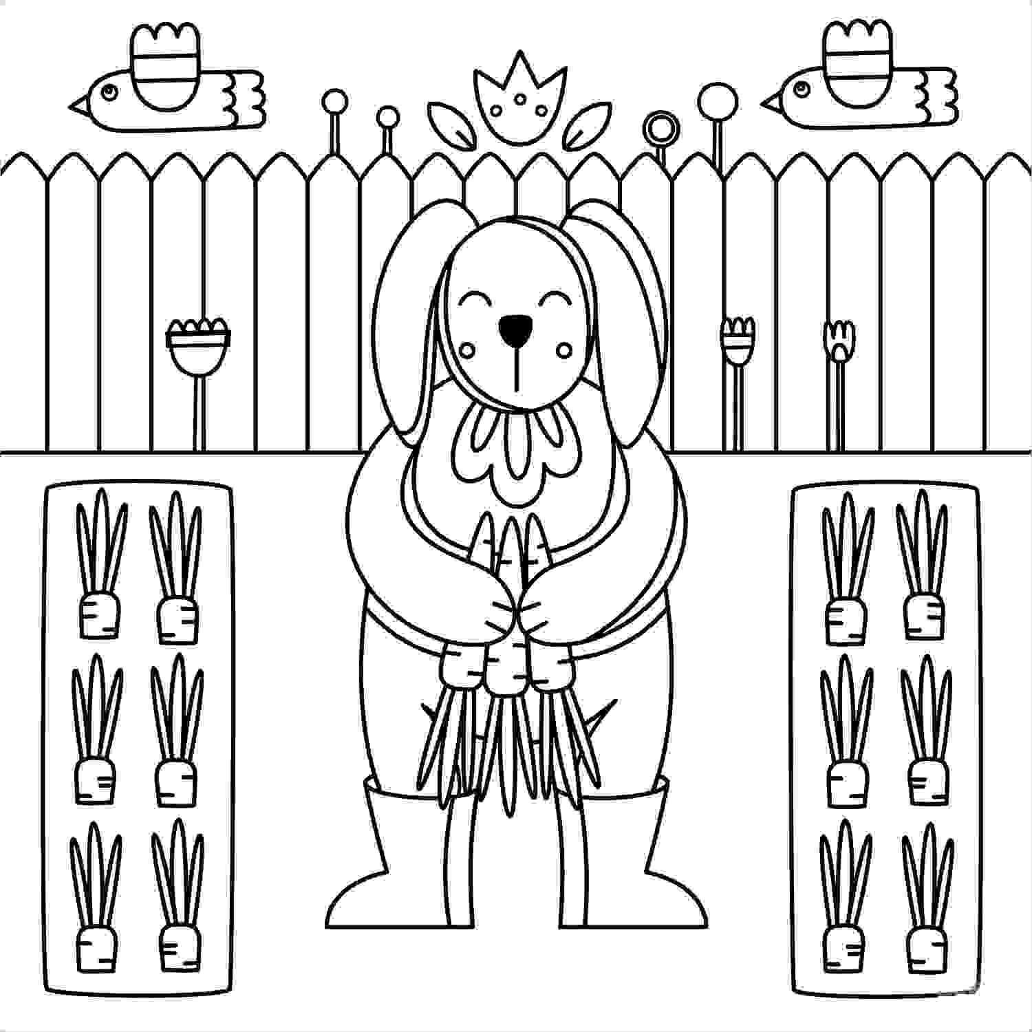 Bunny Harvests Carrots In The Garden Coloring Pages