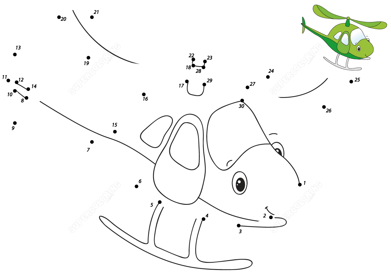 Desenho de um helicóptero de desenho animado para conectar os pontos para meninos