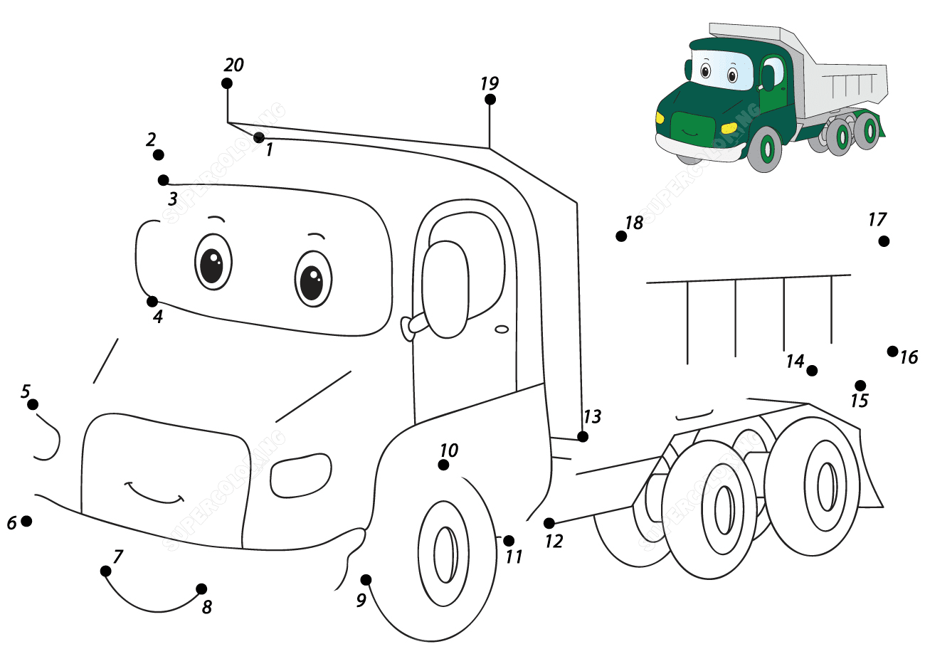 Página para colorir do caminhão de desenho animado de pontos