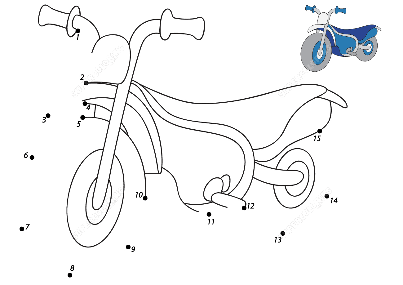 Соедини точки мультяшного мотоцикла от 1 до 15 раскраски