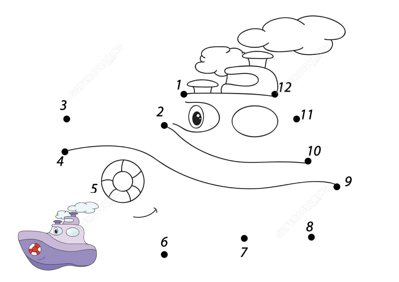 Connect The Dots Cartoon Steamship With Sample Coloring Pages
