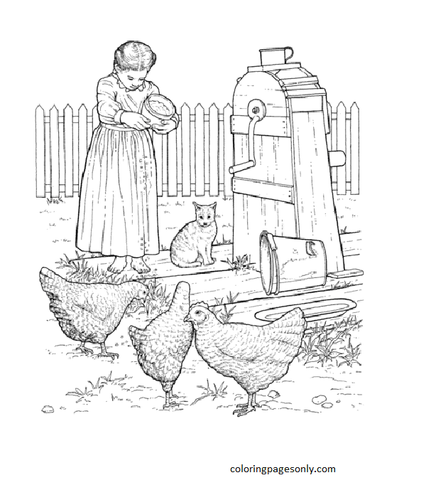 Chickens at barnyard Coloring Page