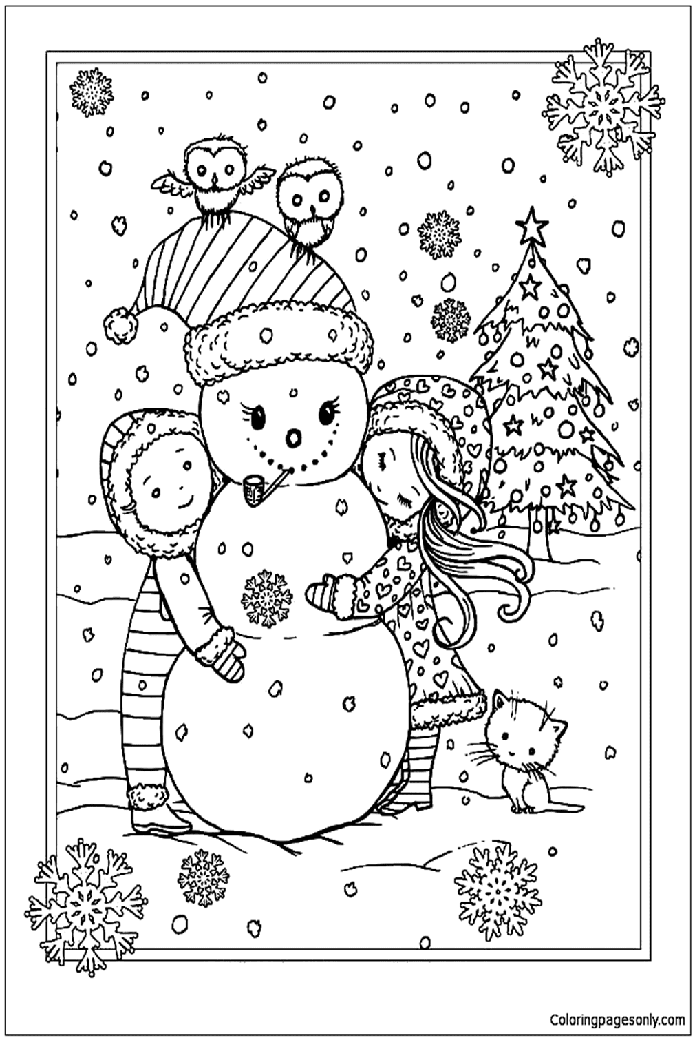 Children With Snowman During Christmas Coloring Pages