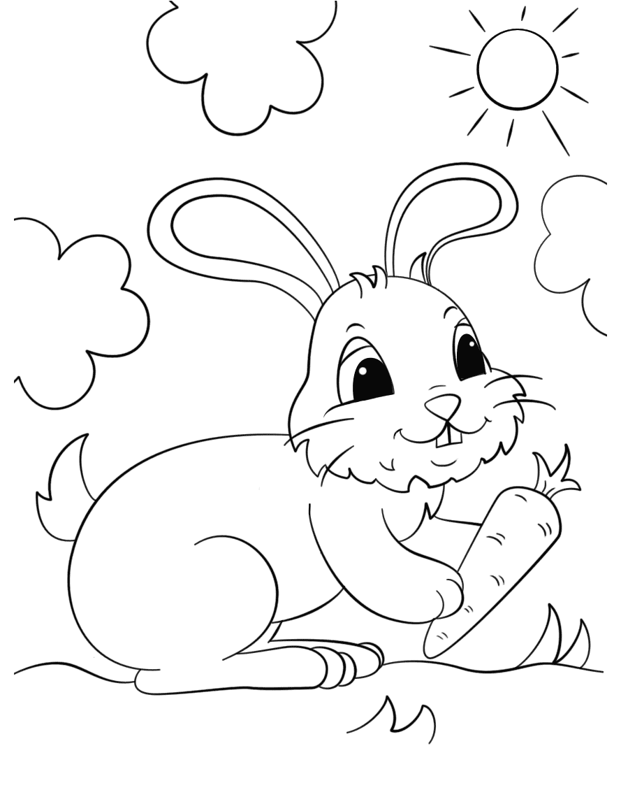 Coelhinho fofo com uma cenoura em um dia ensolarado de Bunny