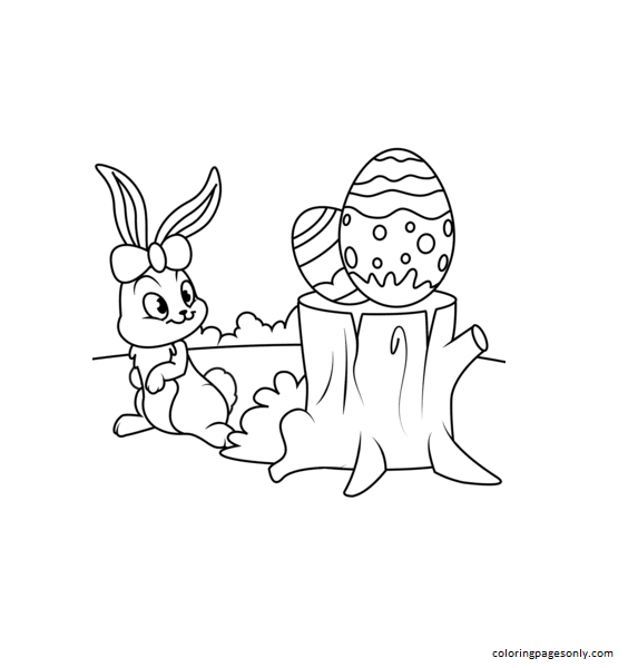 Cute Easter Bunny and Eggs on Hemp Coloring Page
