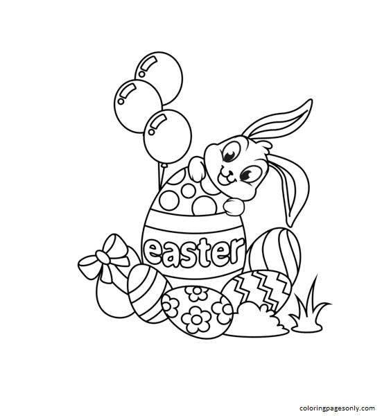 Cute Easter Bunny and Eggs Coloring Page