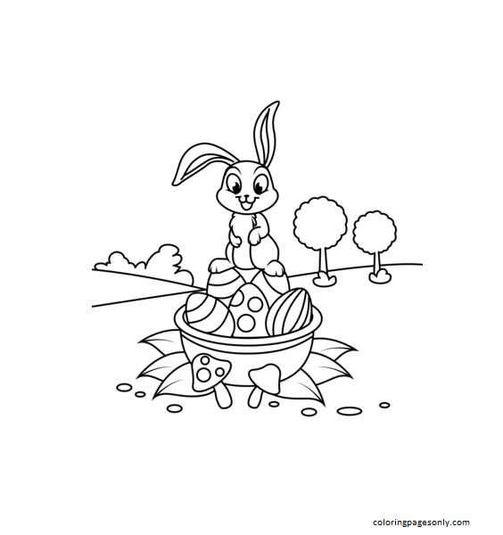 Cute Rabbit on Easter Basket Coloring Pages