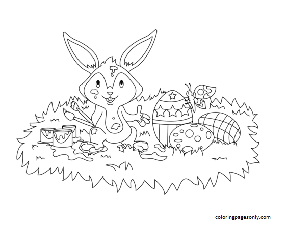 Easter Bunny Painting Easter Eggs Coloring Page