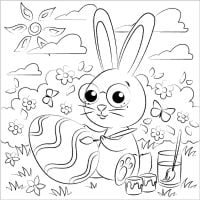 Cute bunny wears glasses and paints an Easter egg Coloring Page