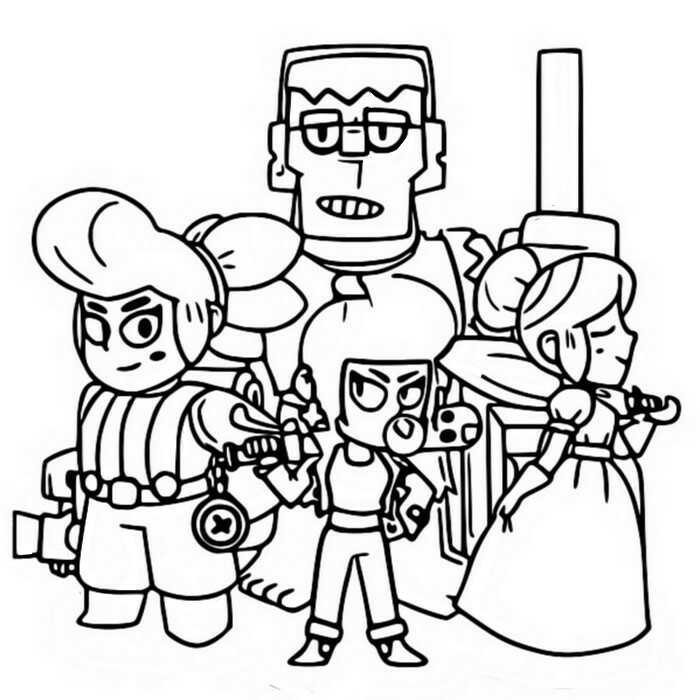 Brawl Stars Epic Brawlers team includes Frank, Piper, Pam and Bibi Coloring Page