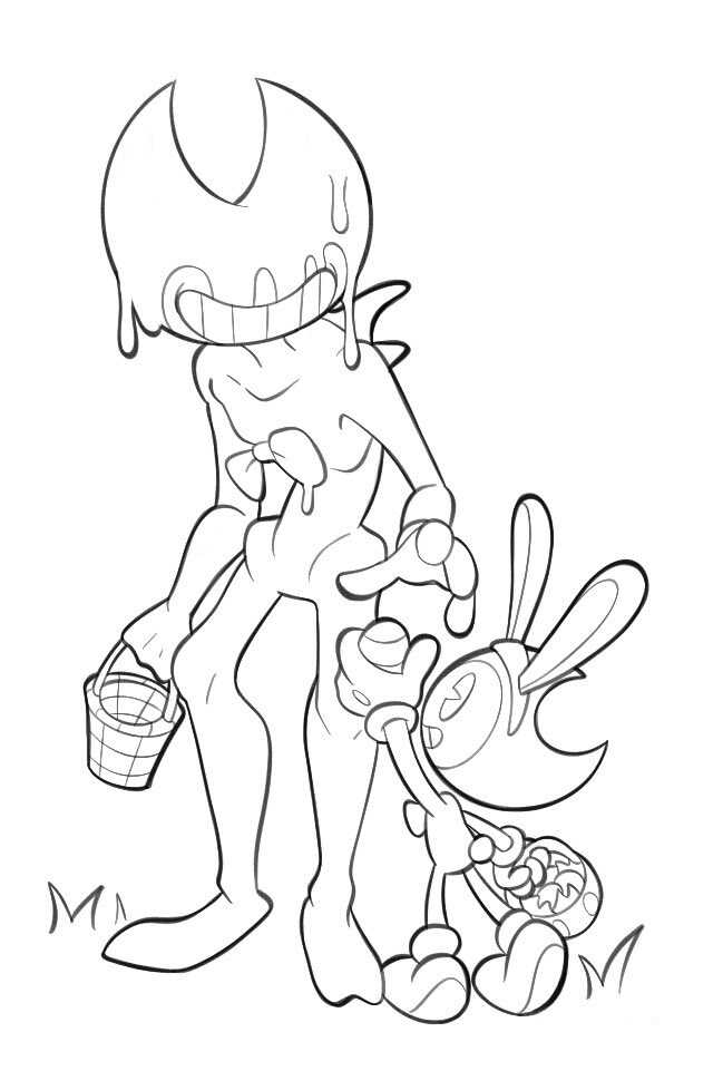 The Bunny Bendy give the Ink Bendy an egg from Bendy and the Ink Machine Coloring Page