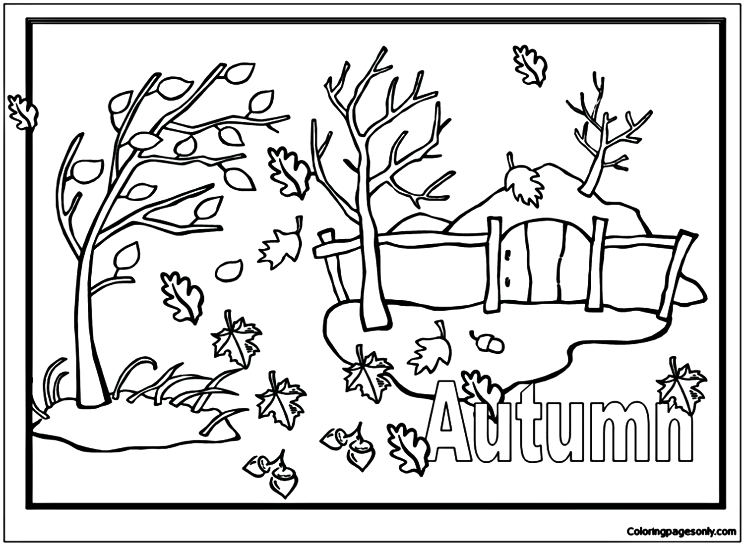 Página para colorear de escena de otoño