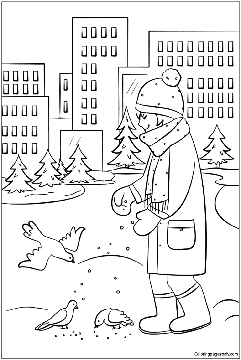 Feeding Birds in Winter Coloring Pages