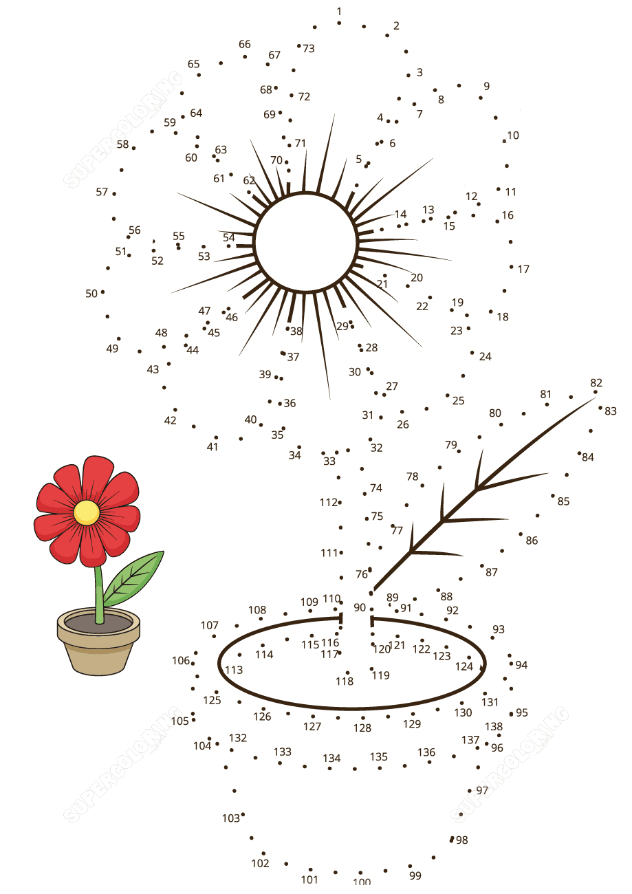 Connect the dots with sample a flower pot Coloring Pages