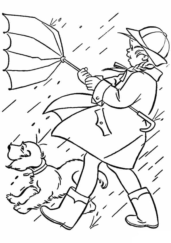 Girl And Dog Are In The Rain Coloring Page
