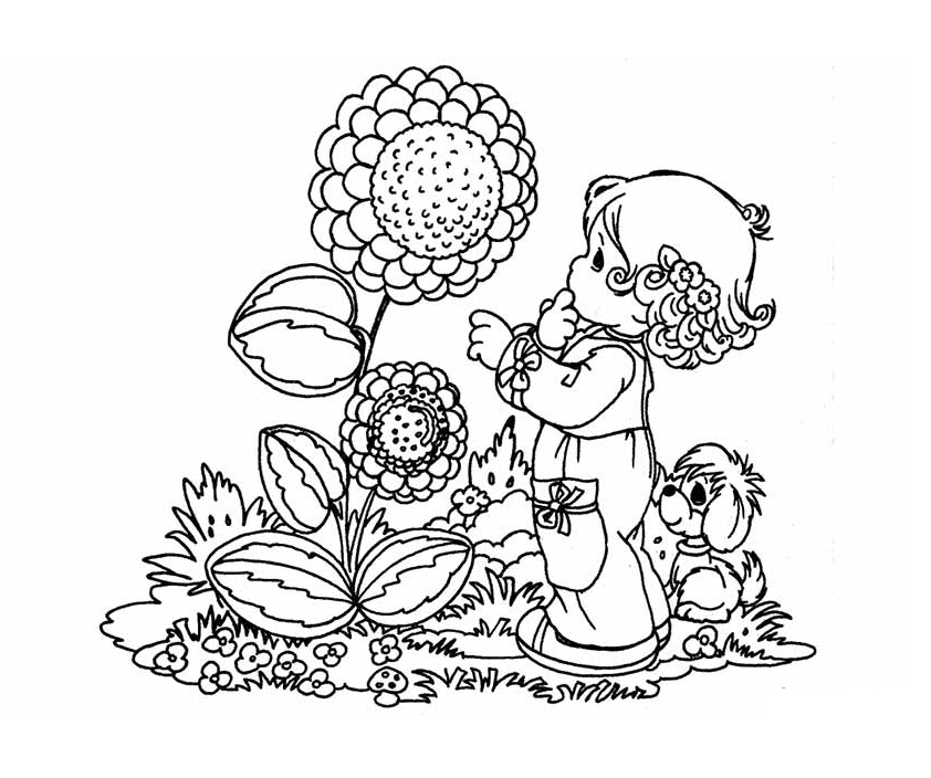 Girl Seeing at Sunflowers Coloring Page