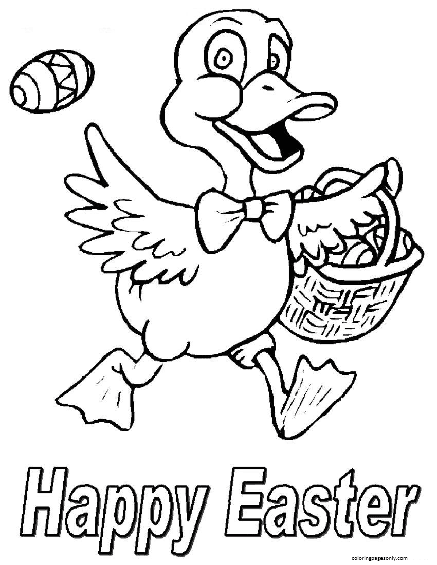 Frohe Ostern, kleines Huhn mit einem Korb voller Ostereier von Chicken