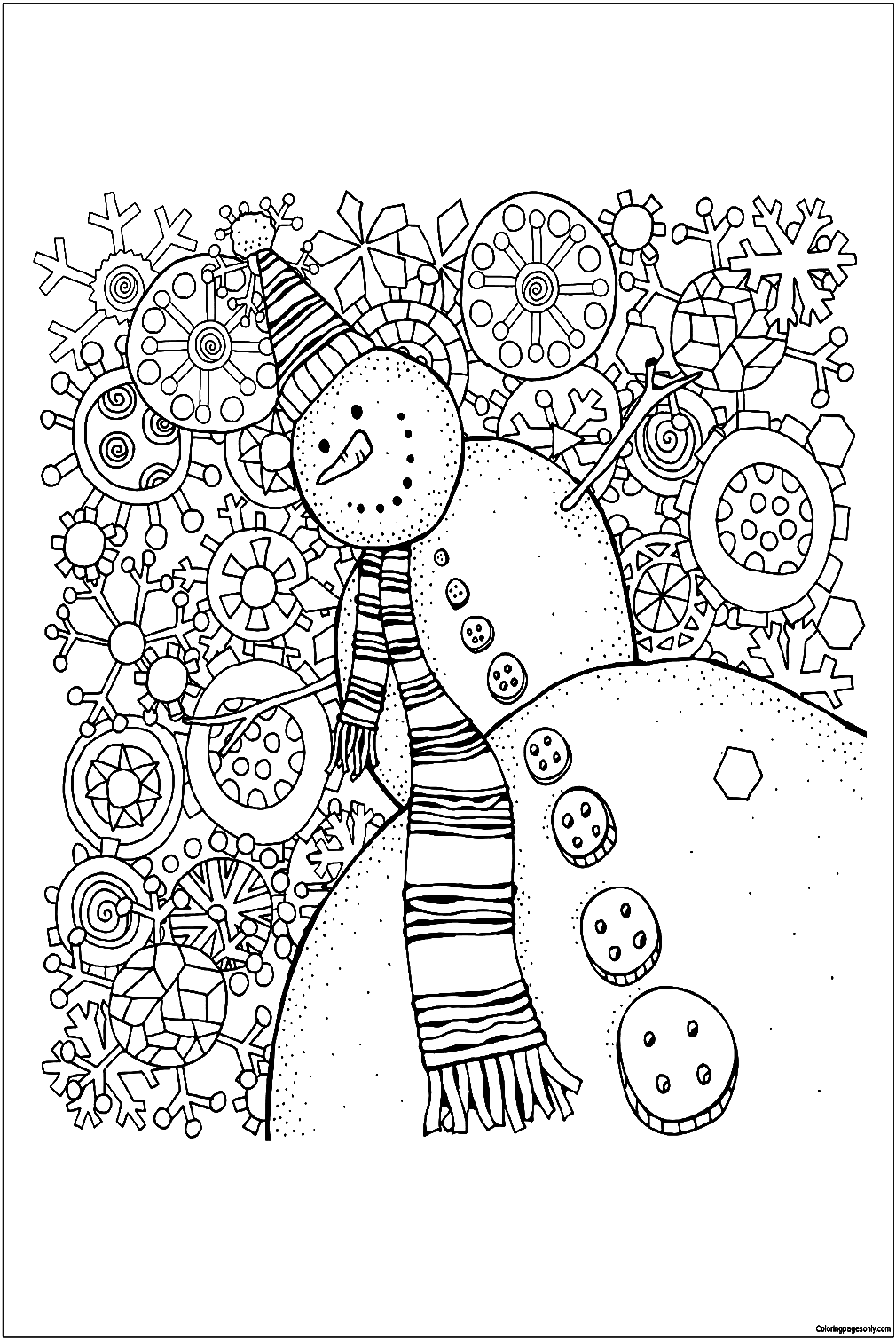 Happy Snowman With Snowflakes Coloring Pages