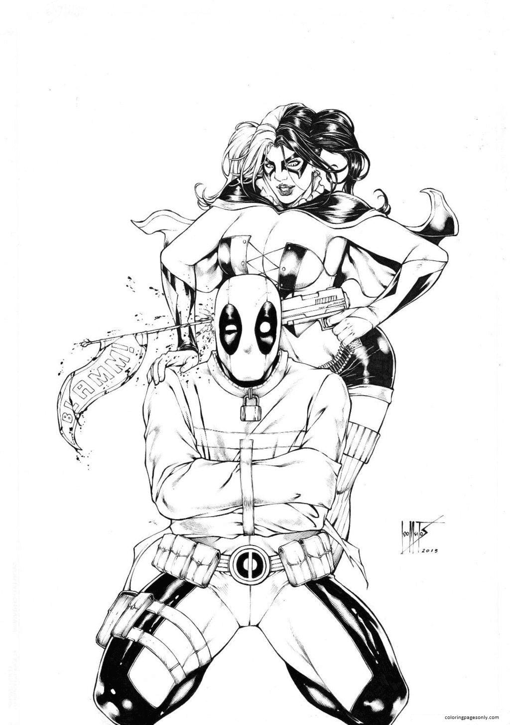 Pagina da colorare di Harley Quinn e Deadpool di Leomatos