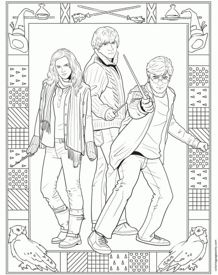 Desenho de Harry, Hermione e Ron para colorir