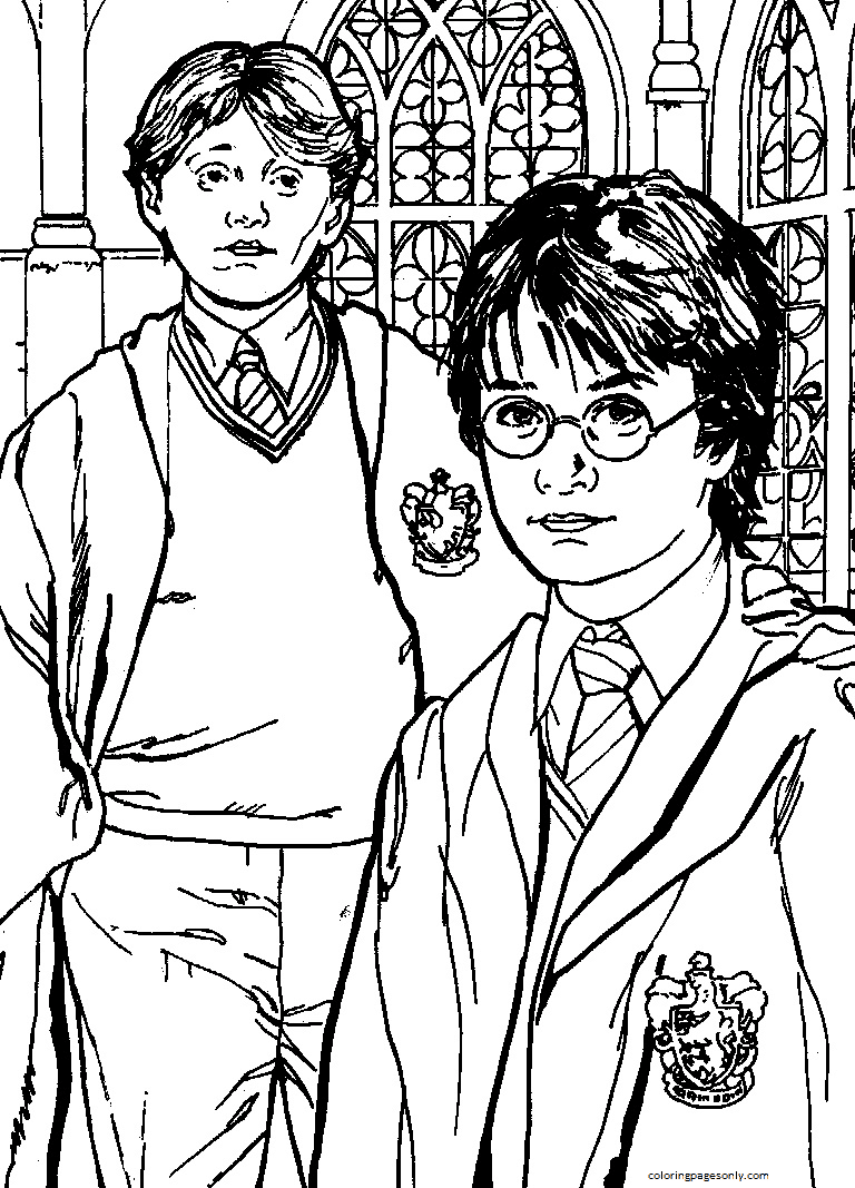 Desenho de Harry Potter e Ron Weasley para colorir