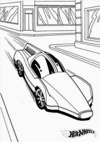 L'auto dei cartoni animati corre molto veloce in città dalla pagina da colorare di Hot Wheels
