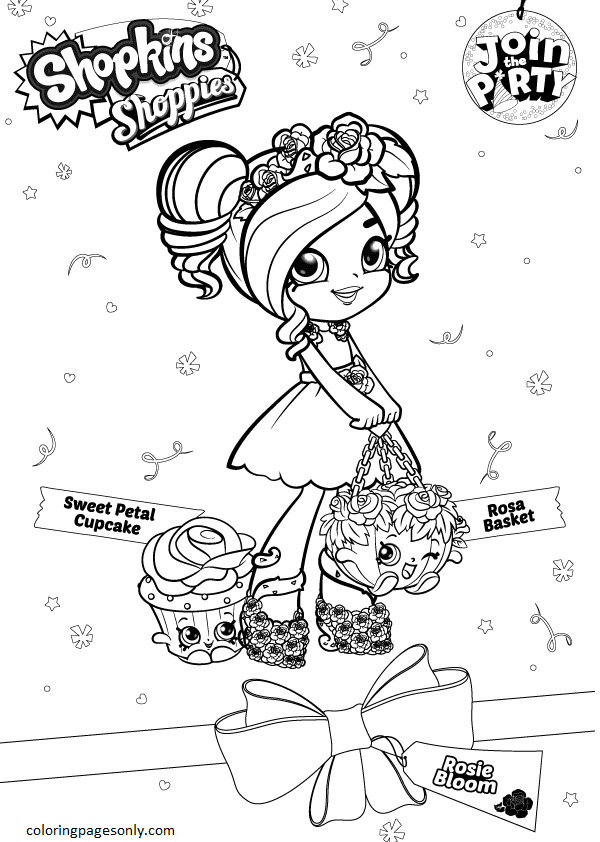 Join the Shopkins Party Coloring Rosie Bloom with Rosa Basket and Sweet Petal Cupcake Coloring Page