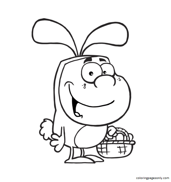 Kid in the Easter Bunny Suit Holding a Basket of Eggs Coloring Page