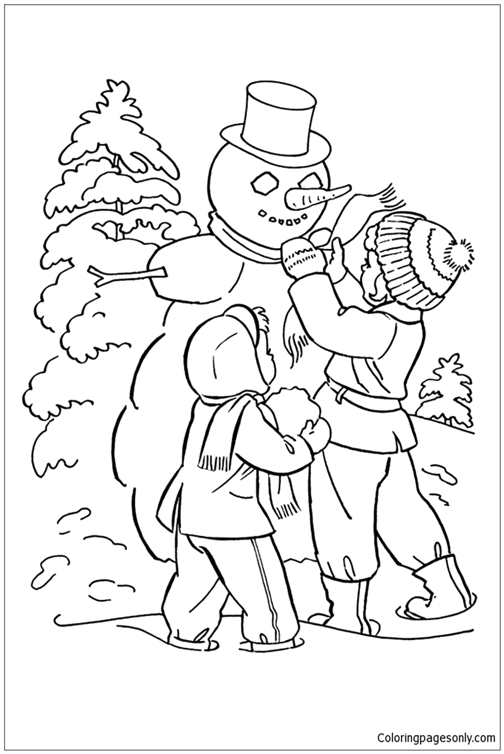 Kids Making A Snowman In Cold Season Coloring Pages