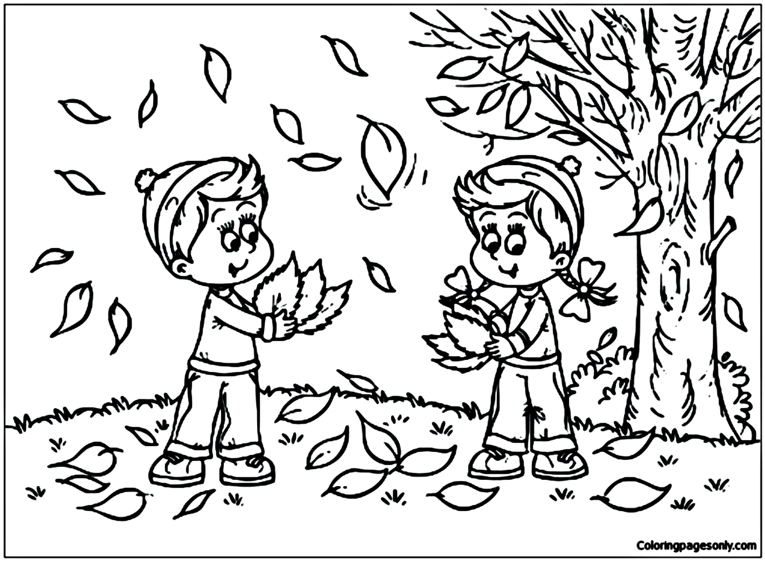 Kids Playing With Fall Leaves Coloring Page - Free Printable Coloring Pages