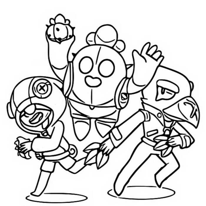 Spike, Leon and Crow in Legendary Brawlers Team from Brawl Stars Coloring Page