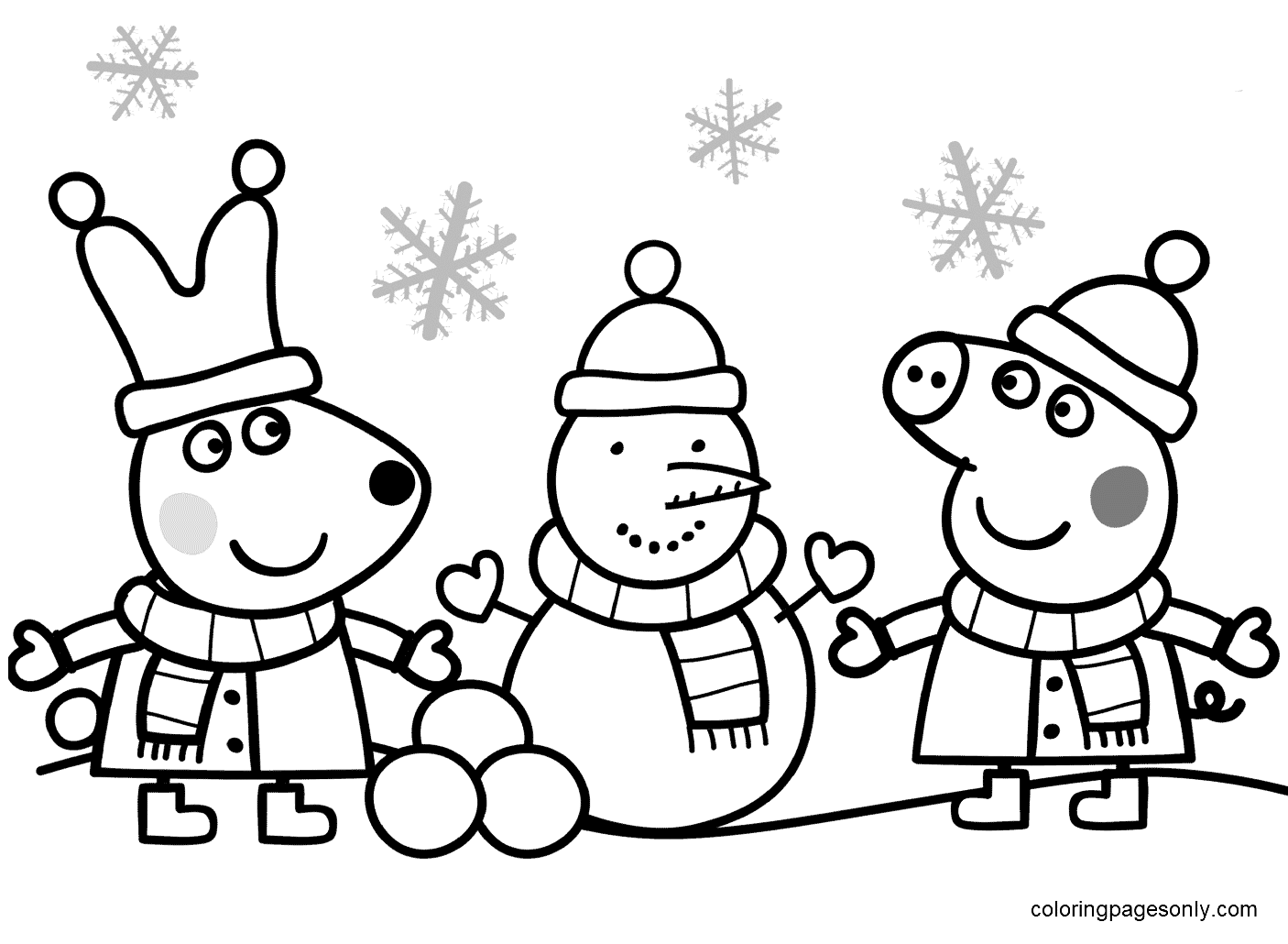 Peppa en Rebecca maken een sneeuwpop van Peppa Pig