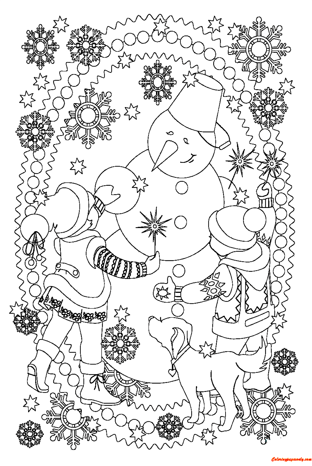 Playing With Snowman Coloring Page