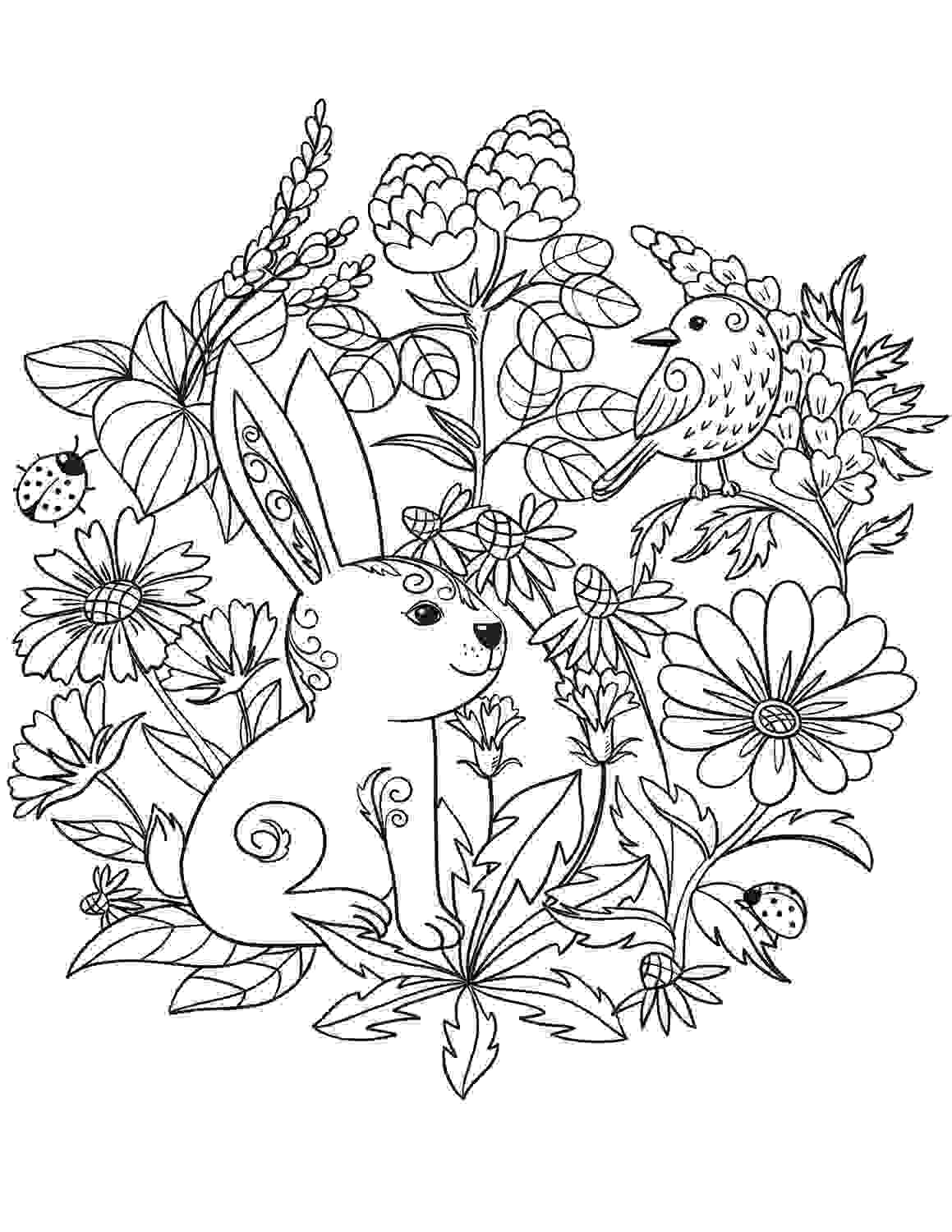 Flowers pattern on rabbit and bird Coloring Pages