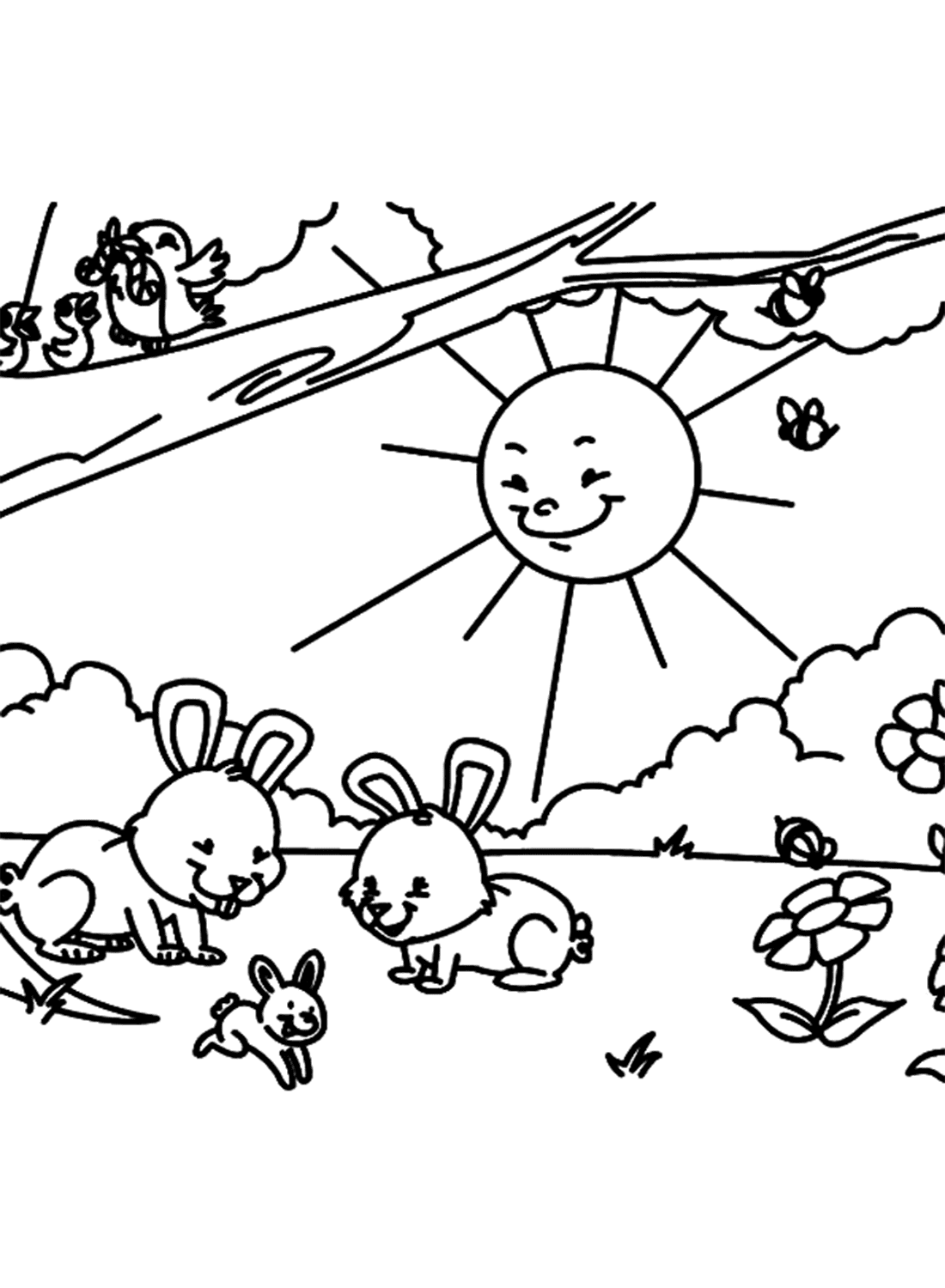 Rabbits in Spring Coloring Page