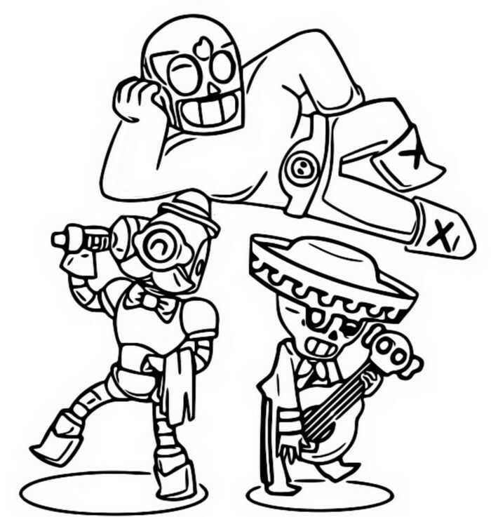 El Primo, Poco and Barley in Rare Brawlers team from Brawl Stars Coloring Page