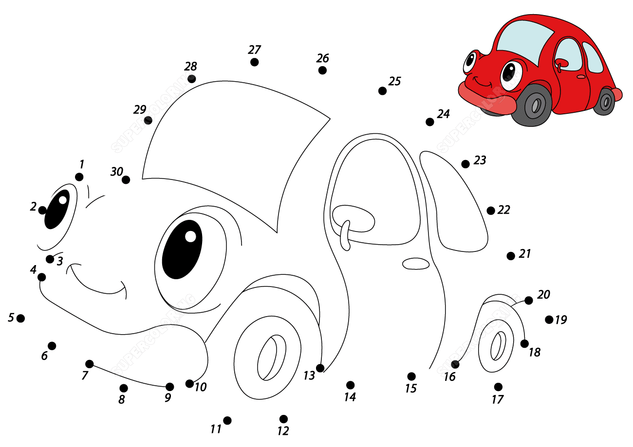 Connect the dots red car 1 to 30 Coloring Pages - Connect the dots