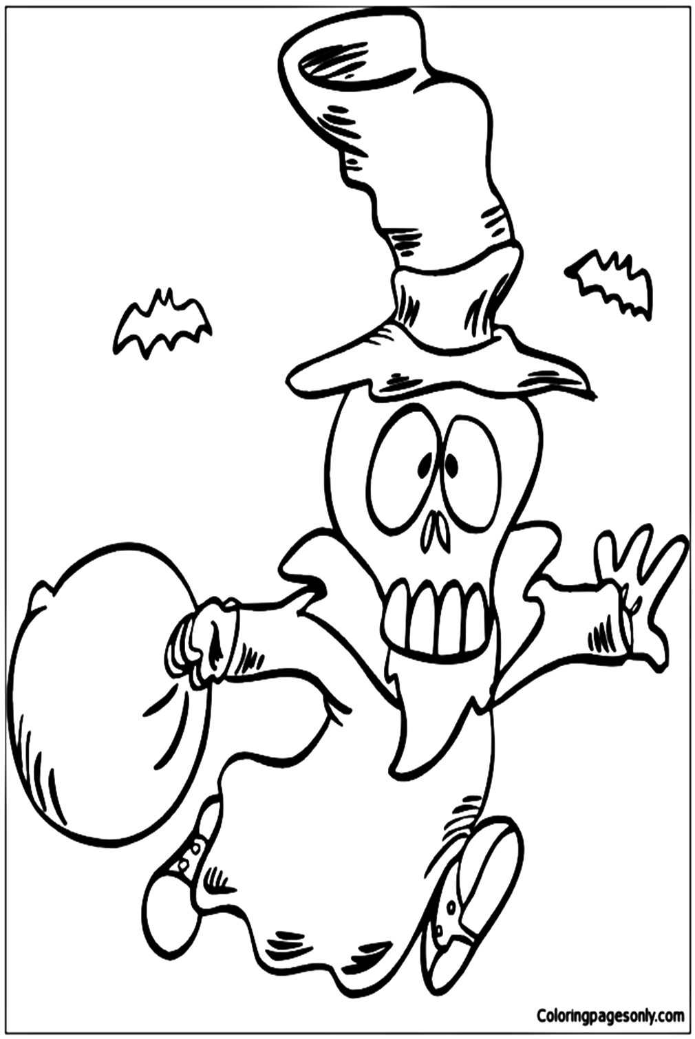 Skeleton Trick-Or-Treating Coloring Pages
