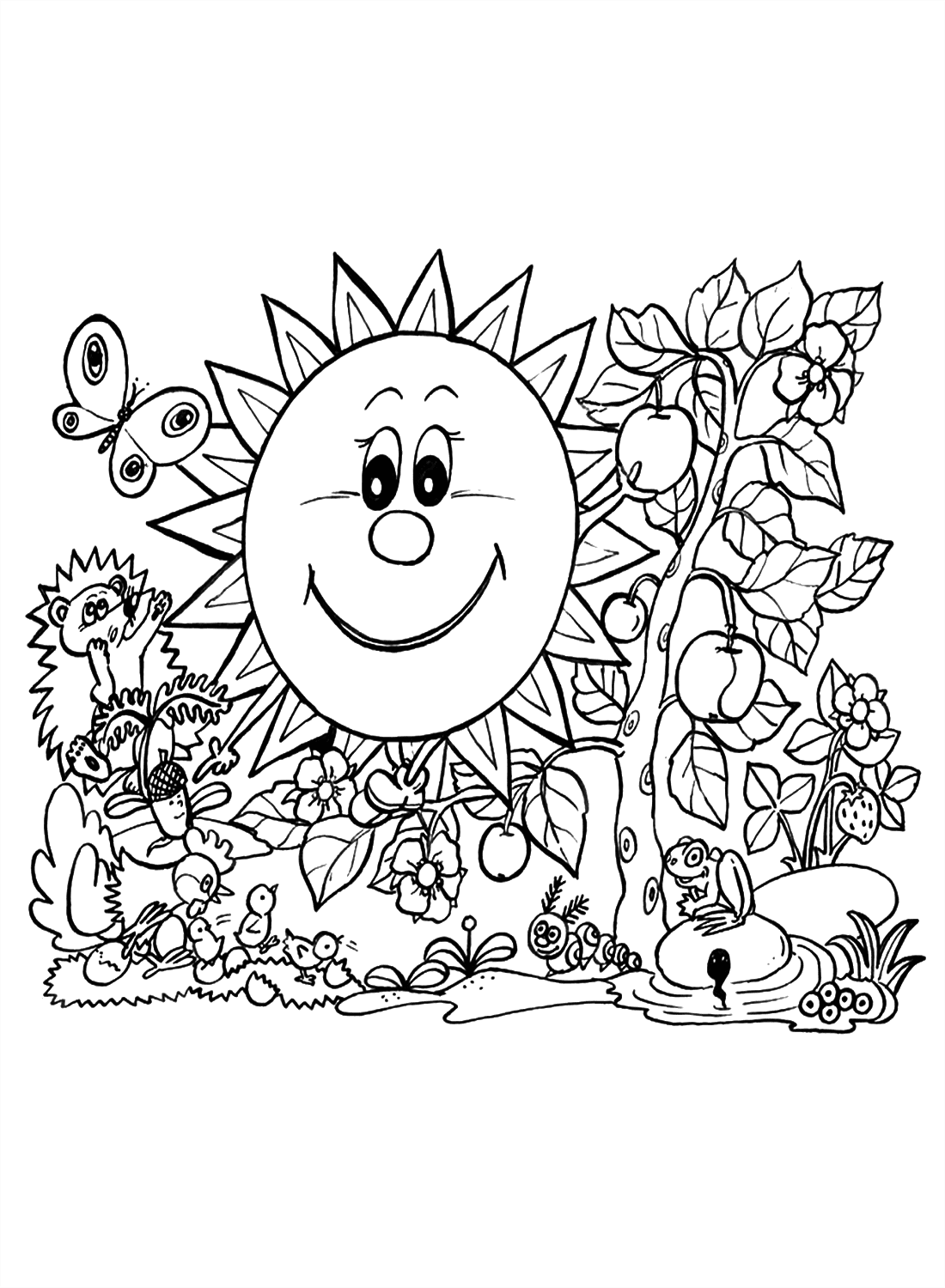 Desenho de Sol sorridente com flores para colorir