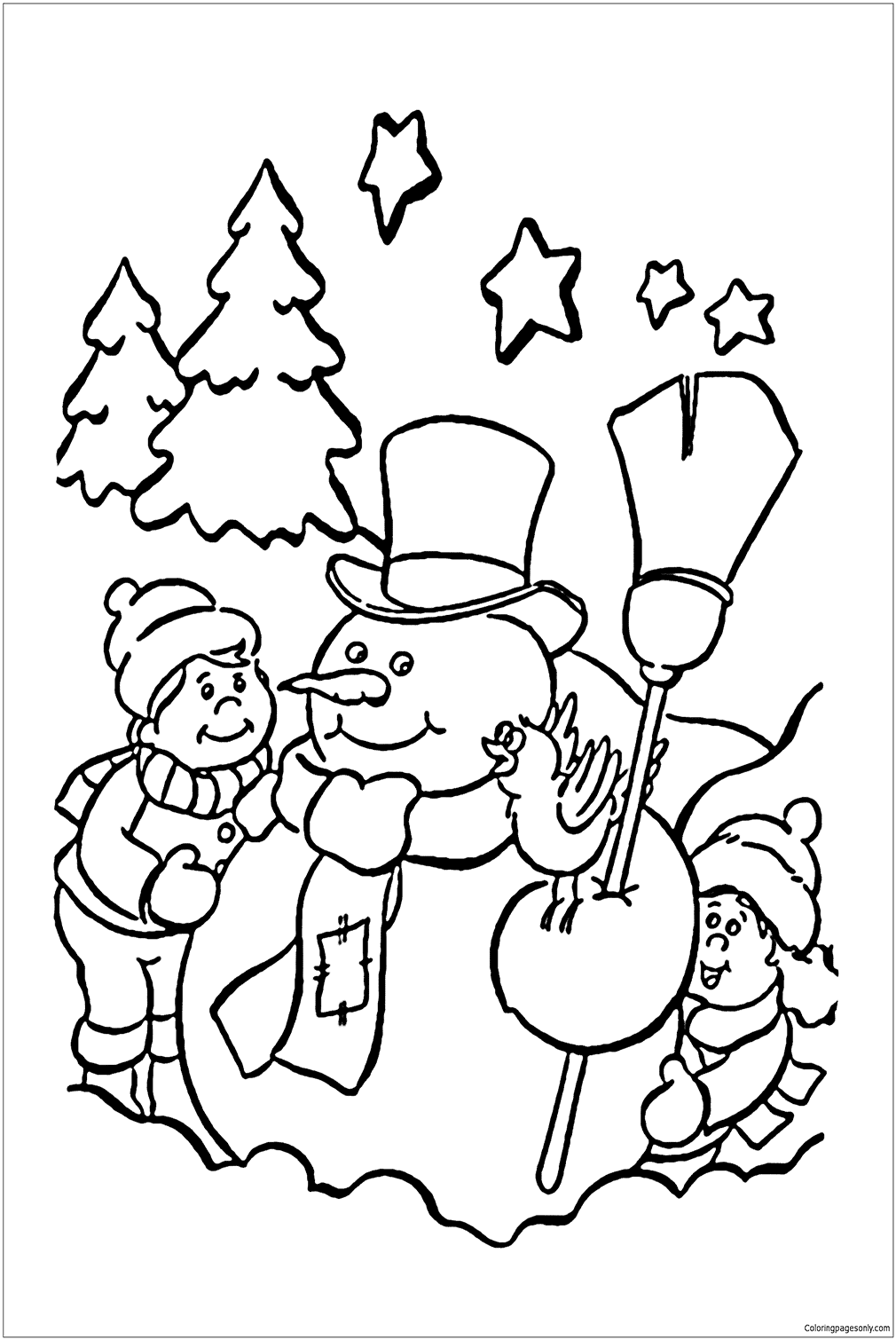 Snowman and Children Coloring Pages