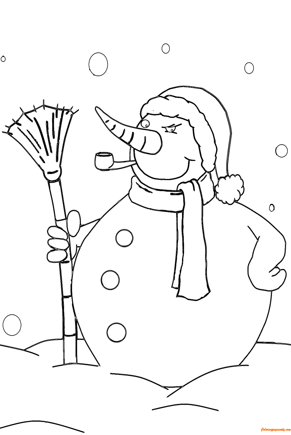 Snowman With Pipe And Broom Coloring Page