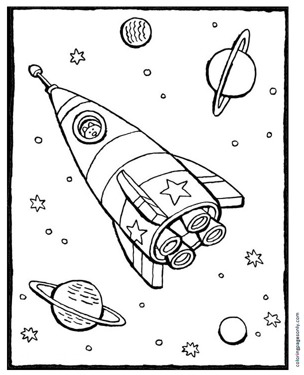 Space with Rocket 4 Coloring Page