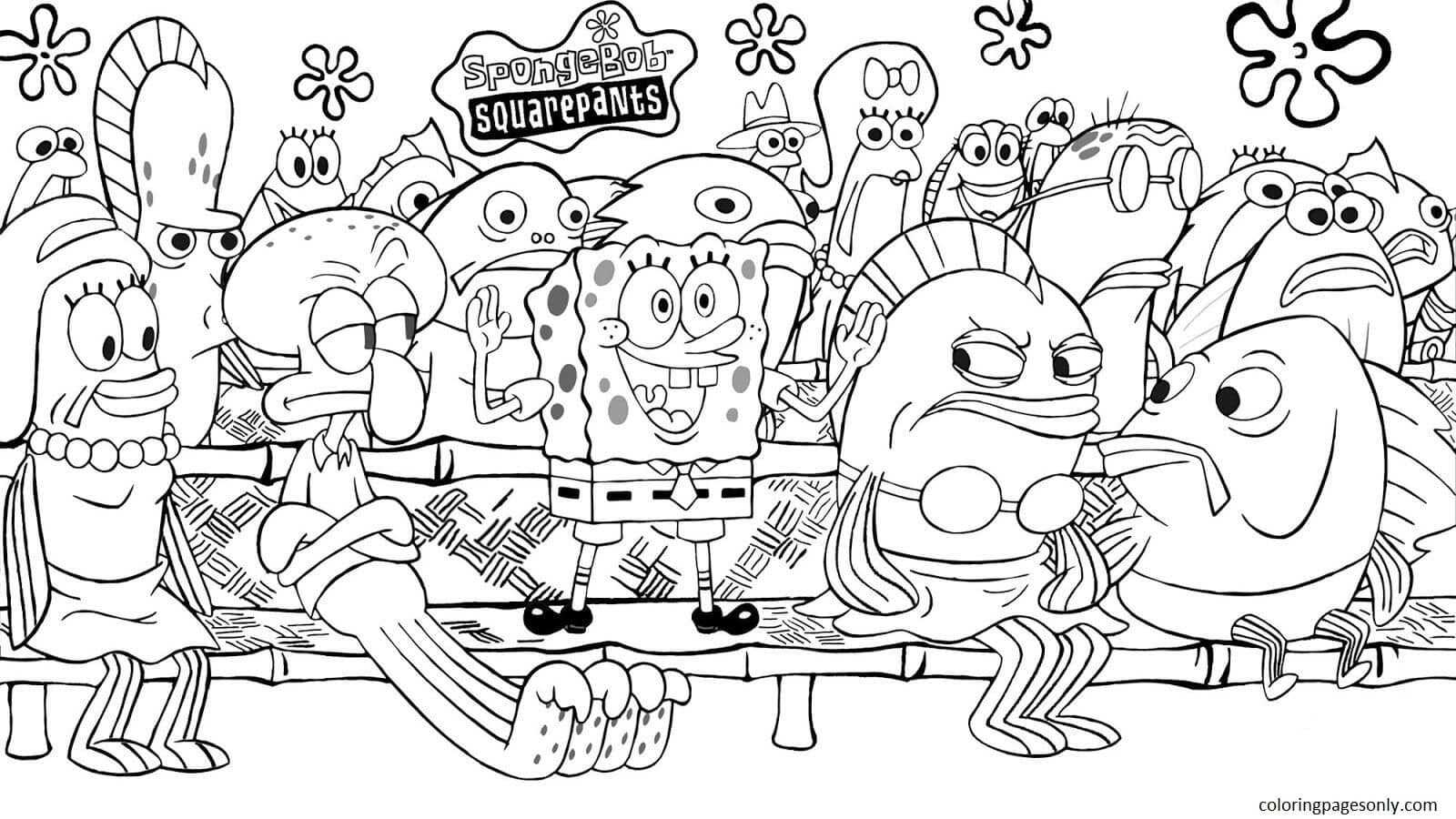 Pagina da colorare di Spongebob e amici